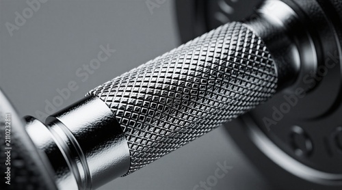 Close-up macro shot of shiny metal dumbbell handle with knurled grip. Focus on texture and detail of gym equipment for strength training and weightlifting workouts.