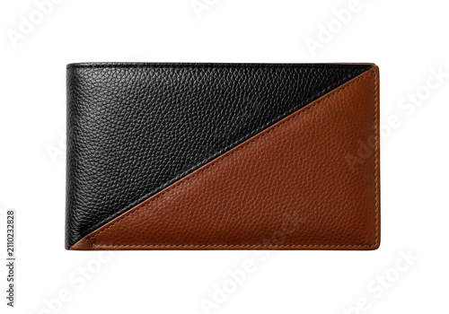 Luxury leather wallet with a modern twotone diagonal design in black and brown, featuring a textured pebble grain finish, isolated on transparent background