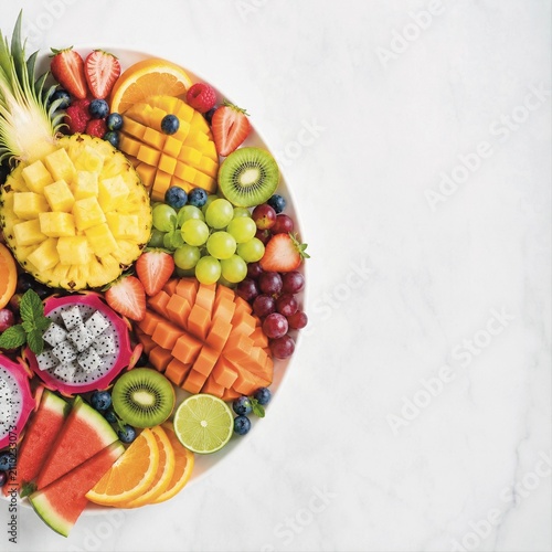 Fresh Tropical Fruit Platter with Copy Space on White Background