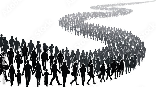 Large group of diverse people walking in a long winding line on a white background