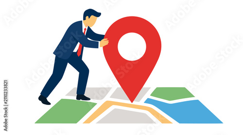 A professional businessman in a blue suit pushes a giant red location pin onto a colorful flat vector map, representing strategic planning, GPS navigation, and pinpointing business targets for