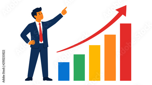 Confident businessman pointing upward beside ascending bar chart with red growth arrow, representing business expansion, financial success, market growth, and positive trends in vibrant flat design