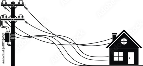 Black and white silhouette of a residential house connected to an electrical utility pole by multiple power lines