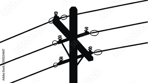 Electrical utility pole silhouette with voltage power lines and insulators against a plain white background, for connectivity