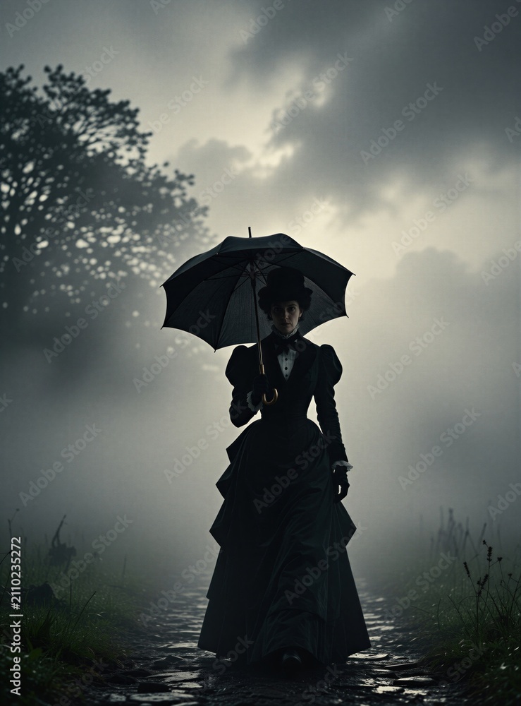 Fototapeta premium Victorian woman in dark dress walks with umbrella on misty path. Gloomy weather, shadows, fog create atmospheric, somber mood. She holds parasol against rain. Woman in vintage clothing.