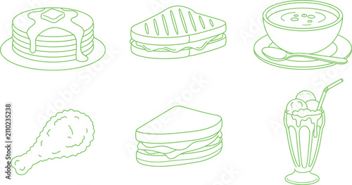 Quadro su tela Comfort Food Line Art Set Pancakes Sandwich Soup Fried Chicken and Milkshake