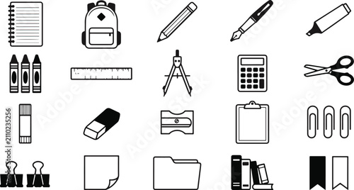 Quadro su tela A comprehensive collection of black and white school and office supply icons fea