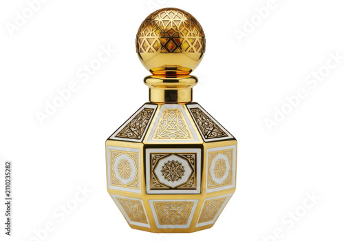 Luxury perfume bottle with intricate gold and white geometric patterns and a spherical cap isolated on transparent background