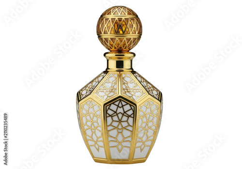 Luxury perfume bottle with intricate gold filigree and white enamel geometric pattern isolated on transparent background
