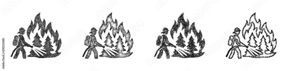 Fototapeta premium Sketch monochrome wildfire response icon design set