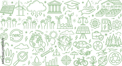Canvastavla Sustainability and environmental conservation hand drawn doodle icons set with e