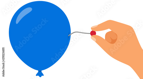 Resilient blue balloon resisting needle puncture - tough inflatable sphere bending needle instead of popping, bold flat vector illustration with hand, strength and durability metaphor