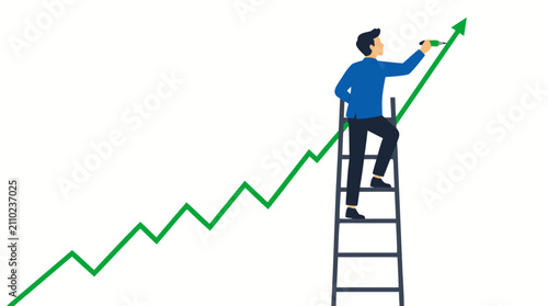 Professional businessman in blue suit climbing tall ladder while drawing vibrant green upward trending graph line, symbolizing financial growth, investment success and career advancement