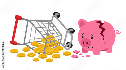 Overturned shopping cart with spilled golden coins and cracked broken pink piggy bank symbolizing financial loss, savings failure, money crisis, budgeting disaster and economic hardship