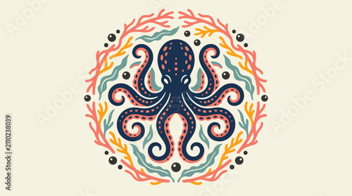 Canvas Print Folk art vector illustration of a decorated octopus surrounded by a symmetric ci