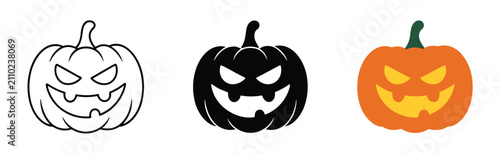 Schilderij op canvas Three Jack-o'-lanterns for Halloween: A trio of carved pumpkins displaying classic spooky faces, perfect for seasonal decorations and celebrations