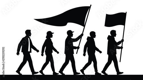 A group of people walking together in a black silhouette carrying large waving protest flags