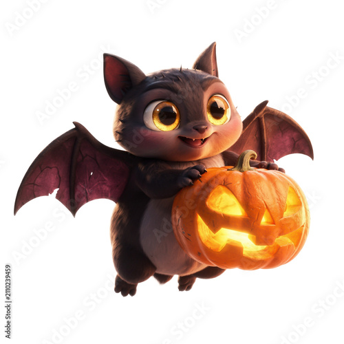 Cute 3D Bat Holding Glowing Halloween Pumpkin PNG