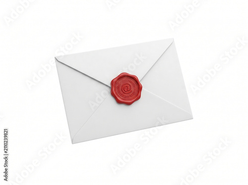 Closed white paper envelope with red wax seal 3D render isolated on white