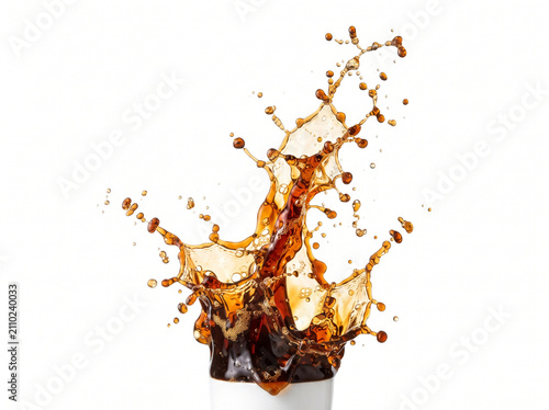 Dynamic brown liquid splash of coffee or cola isolated on white background