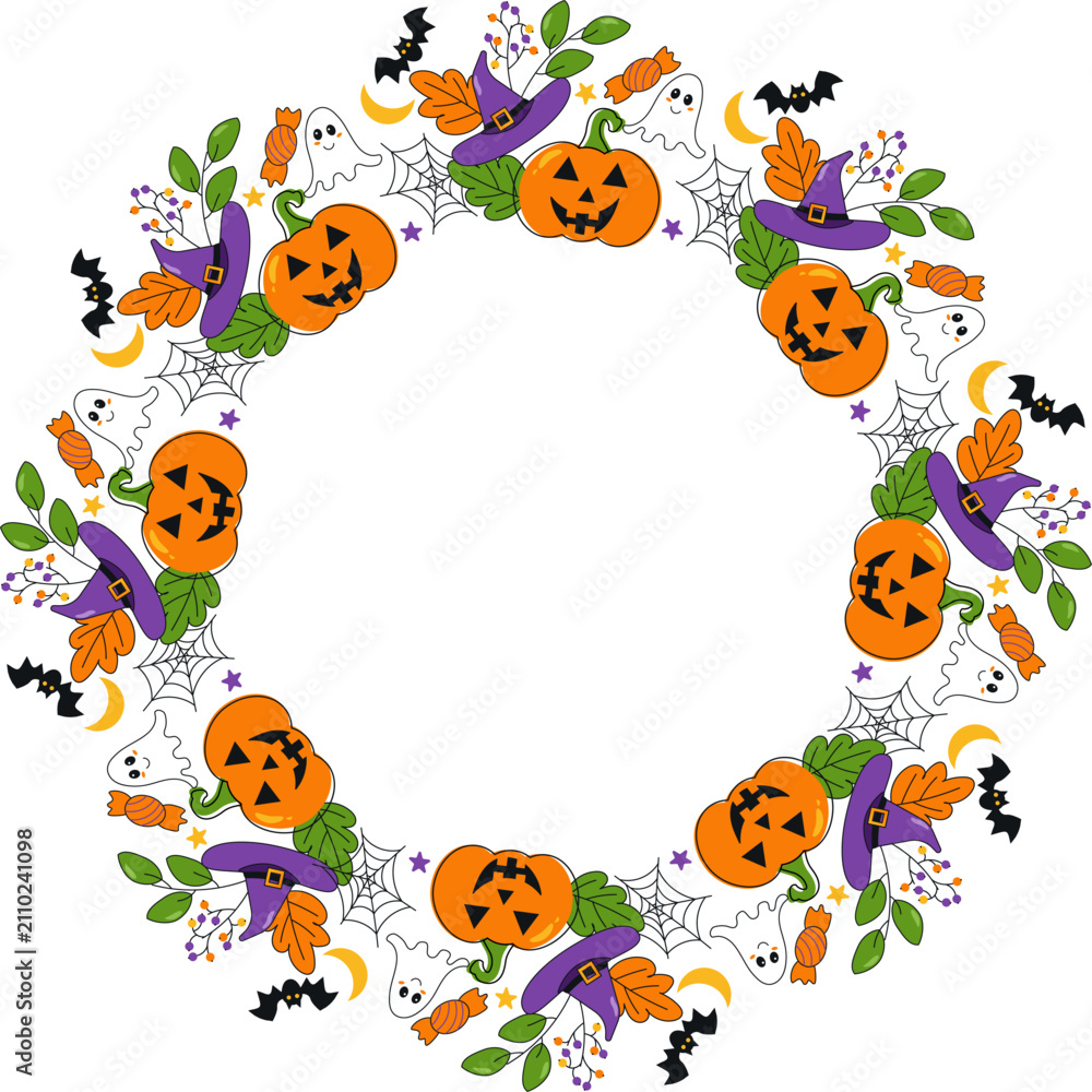 Obraz premium Cute Round Halloween Frame with Pumpkins, Ghosts and Copy Space