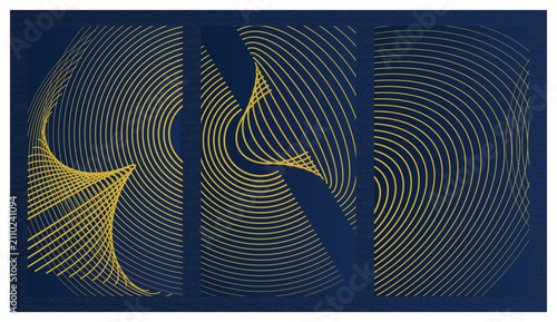 Konstfotografi Digital illustration of three-panel abstract design showcasing intricate blue and gold wave intersections with circular focal points