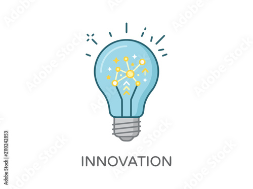 A light bulb with a network of glowing connections inside, symbolizing innovation and new ideas. The word INNOVATION is written below the bulb