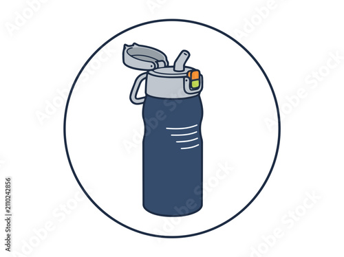 A dark blue water bottle with a flip-top lid, suitable for sports and hydration, shown inside a circular frame