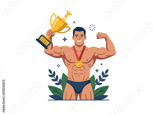 A muscular male bodybuilder proudly displays his physique and holds a golden trophy, celebrating his victory. He wears a medal around his neck and a triumphant smile, surrounded by decorative foliage.