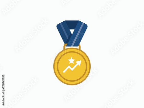 A golden medal with a blue ribbon, symbolizing achievement and success, featuring a star and an upward trending arrow inside