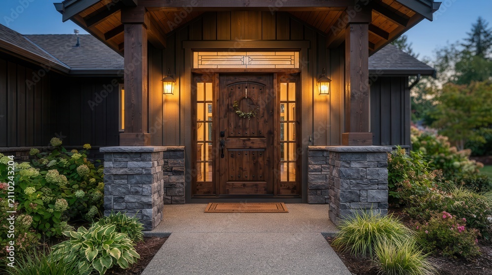 Fototapeta premium Traditional brown wooden front entrance door with sidelights.