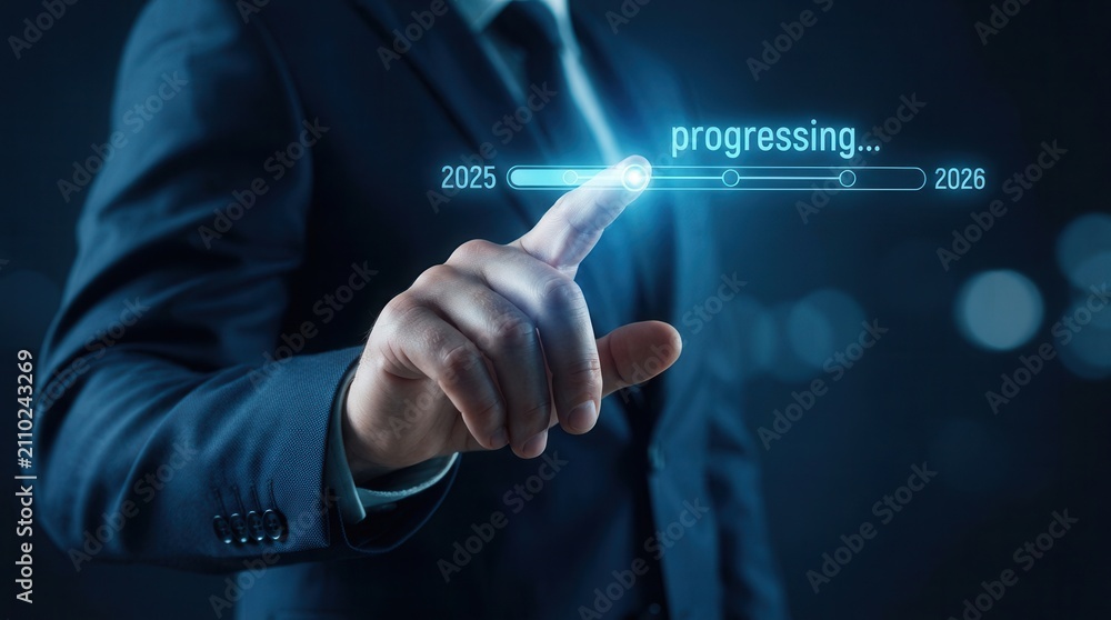 Obraz premium Businessman touching a digital progress bar from 2025 to 2026 for future planning and strategic transition.