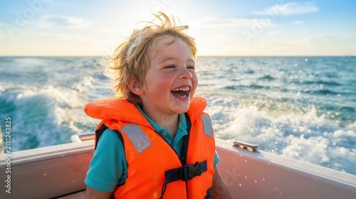 Happy little blond boy wearing a lifevest enjoying a boat ride on the sea.