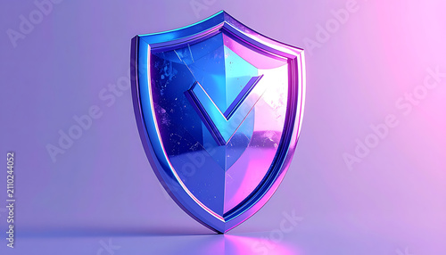 Shiny metallic shield emblem with a checkmark symbol, glowing with purple and blue light, representing security and protection, abstract concept