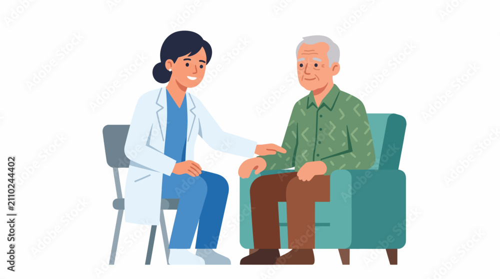 Fototapeta premium Doctor comforting elderly patient. Medical professional supporting senior man in flat design.