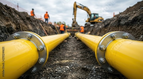 Yellow gas pipelines being installed in a deep construction trench for natural gas infrastructure.
