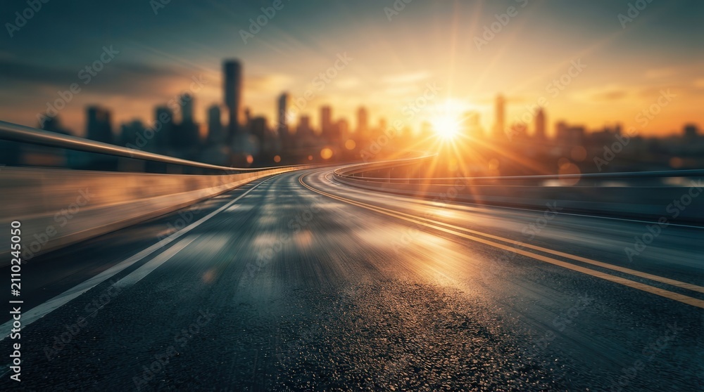 Obraz premium A modern highway speeding towards a glowing sunrise over a blurred cityscape.