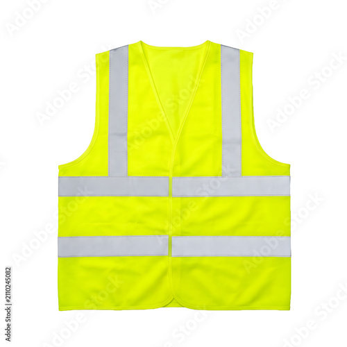 Neon yellow safety vest with reflective silver stripes on transparent background high visibility protective workwear for traffic control and construction site