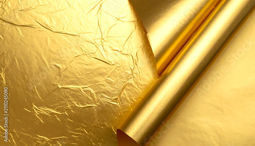 Rich golden texture with a metallic sheen, showing crumpled foil and smooth rolled paper, luxury background