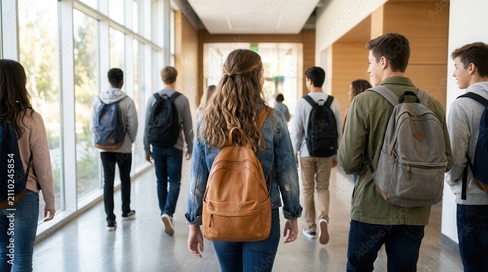 Fototapeta premium Diverse students walking through a bright school hallway with backpacks.