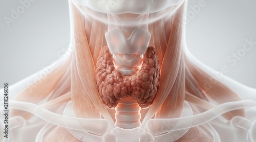 3D anatomical illustration of the human thyroid gland and endocrine system in the neck.