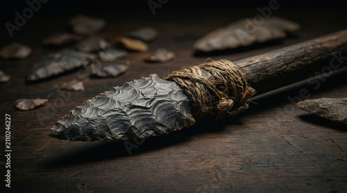 Handmade quartzite stone spearhead attached to a wooden shaft as an ancient tool.