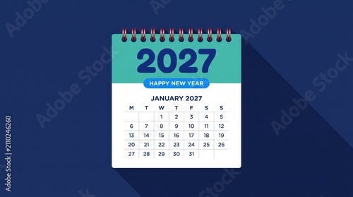 January 2027 calendar page with happy new year greeting