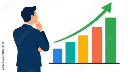 Professional Businessman Studying Vibrant Rising Bar Chart with Ascending Green Arrow Trend - Financial Growth, Business Analytics, Success Metrics, and Profit Performance Visualization