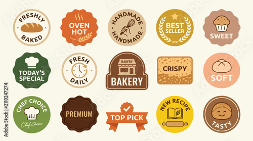 Fotografie Assortment of bakery shop promotional labels and badges highlighting fresh baked goods and quality