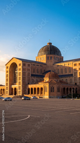 The majestic Cathedral Basilica of Our Lady of Aparecida in Brazil, illuminated by the warm golden light of a late afternoon sun over a large parking lot.