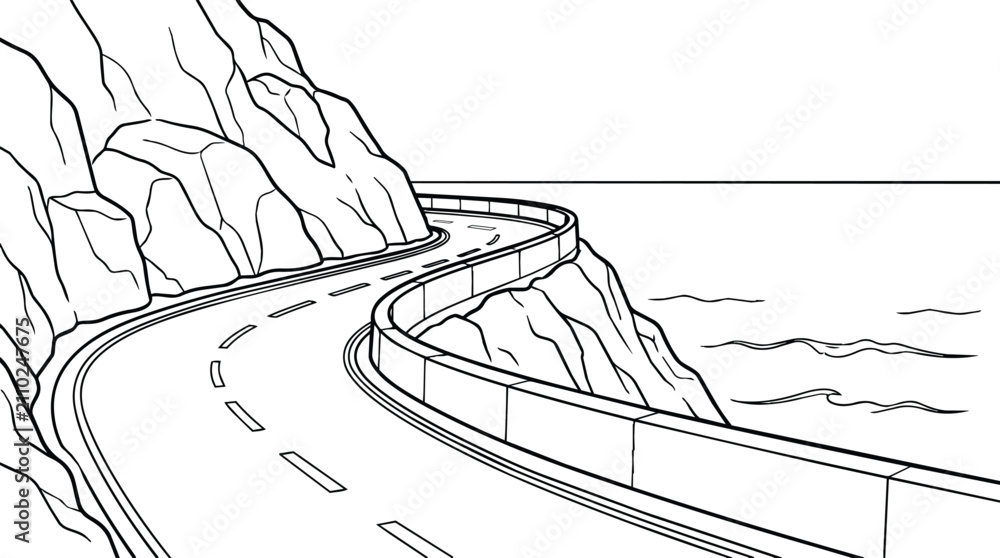 Obraz premium Curved coastal road along rocky cliffs in line drawing style black and white