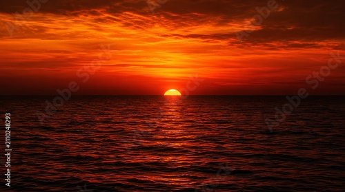 Fiery red sunset over a calm ocean horizon with glowing reflections on dark waves, ideal for travel, relaxation, or nature themed promotions.