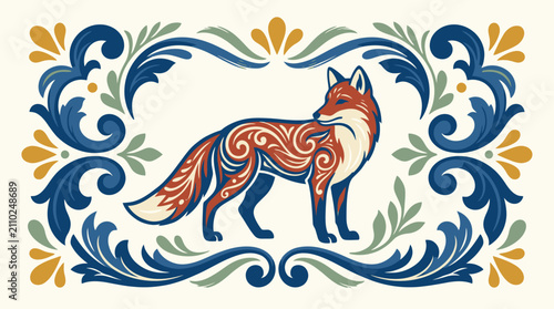 Fotografia Folk art vector illustration of a decorated red fox standing inside a symmetric