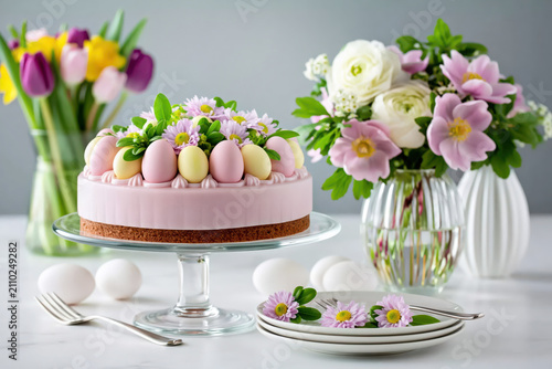 Elegant Easter cake decorated with pastel eggs and fresh flowers on glass cake stand with floral background
